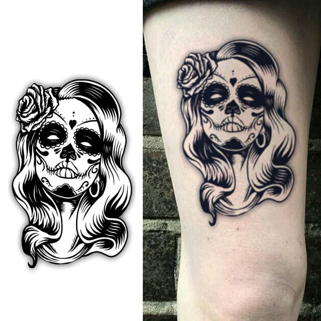 Bold sugar-skull señorita with rose