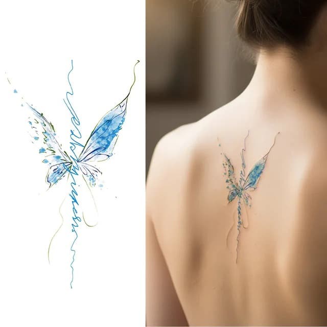 Blue butterfly along a calligraphic spine