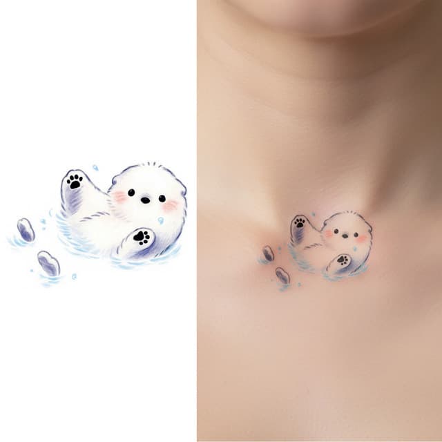 Floating polar bear cub with paw prints