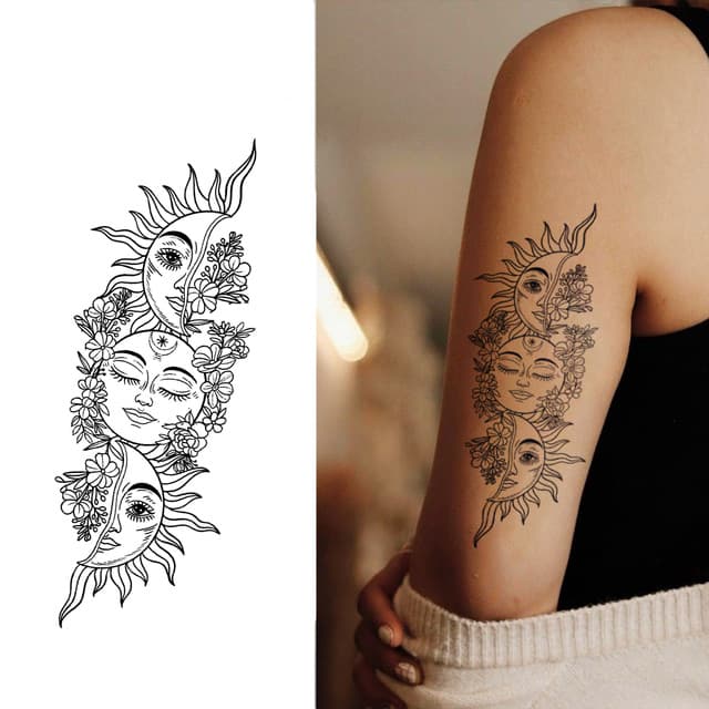 Sun, moon and woman among flowers