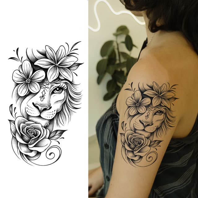 Lioness crowned with lilies and rose
