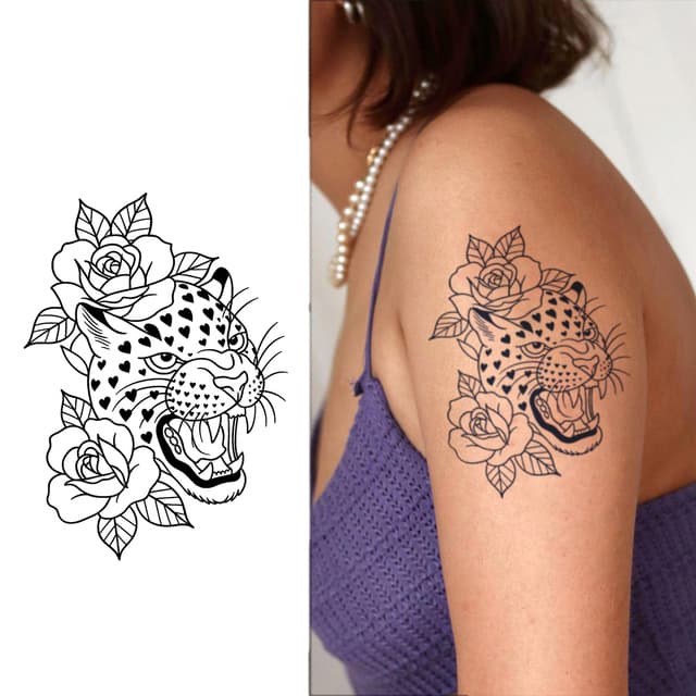 Roaring leopard among roses