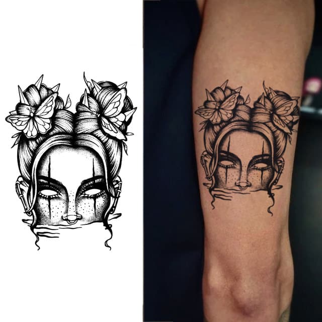 Dotwork pin-up with butterfly buns