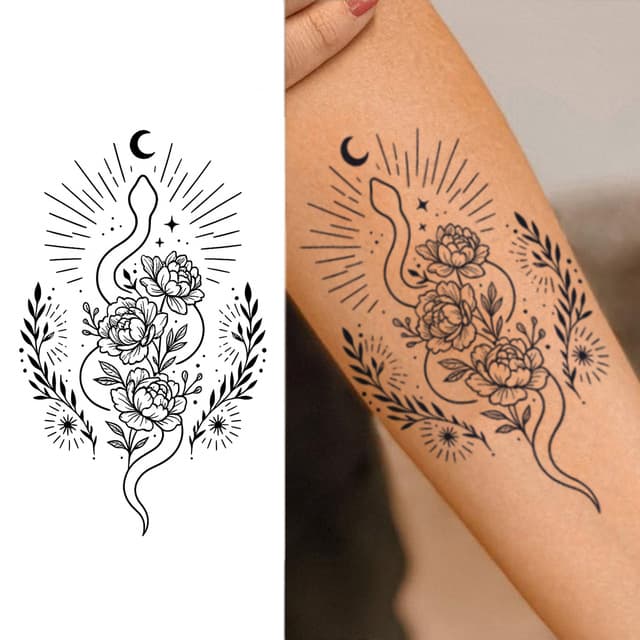 Serpent twined with peonies under the moon