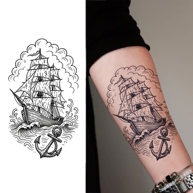 Tall ship with anchor on rolling waves