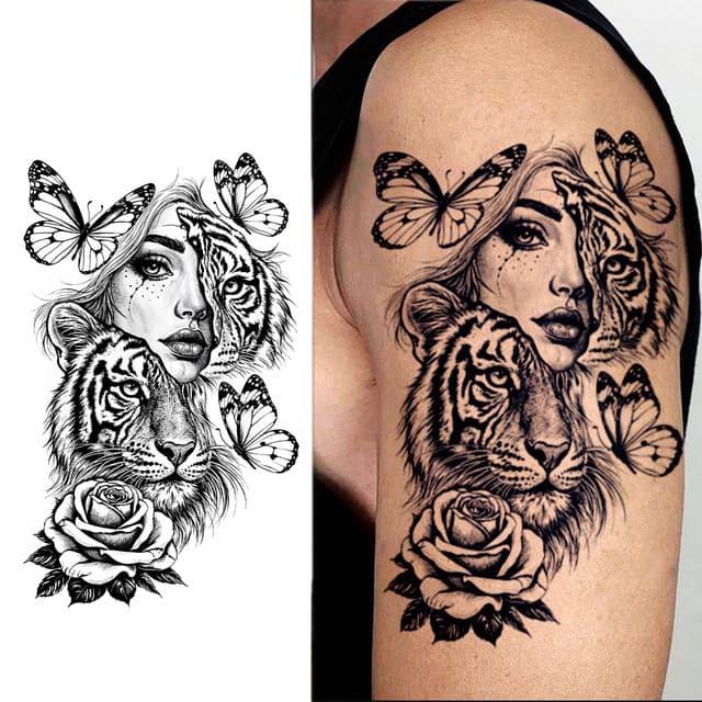 Half-tiger woman with butterflies and rose