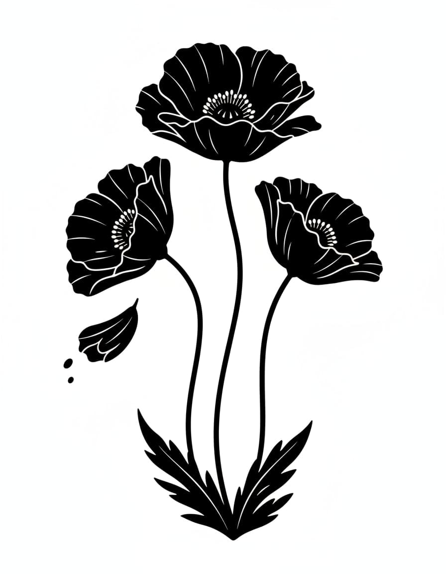 Blackwork Poppy Silhouettes Temporary Tattoo — view 1