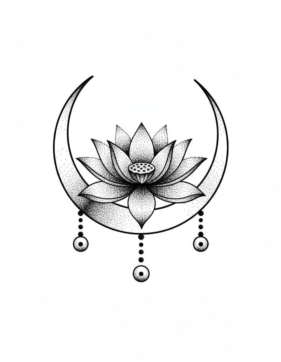 Dotwork Crescent Cradled Lotus Temporary Tattoo — view 1