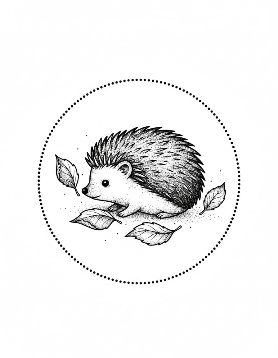 Dotwork Hedgehog in Leaves Temporary Tattoo — view 1