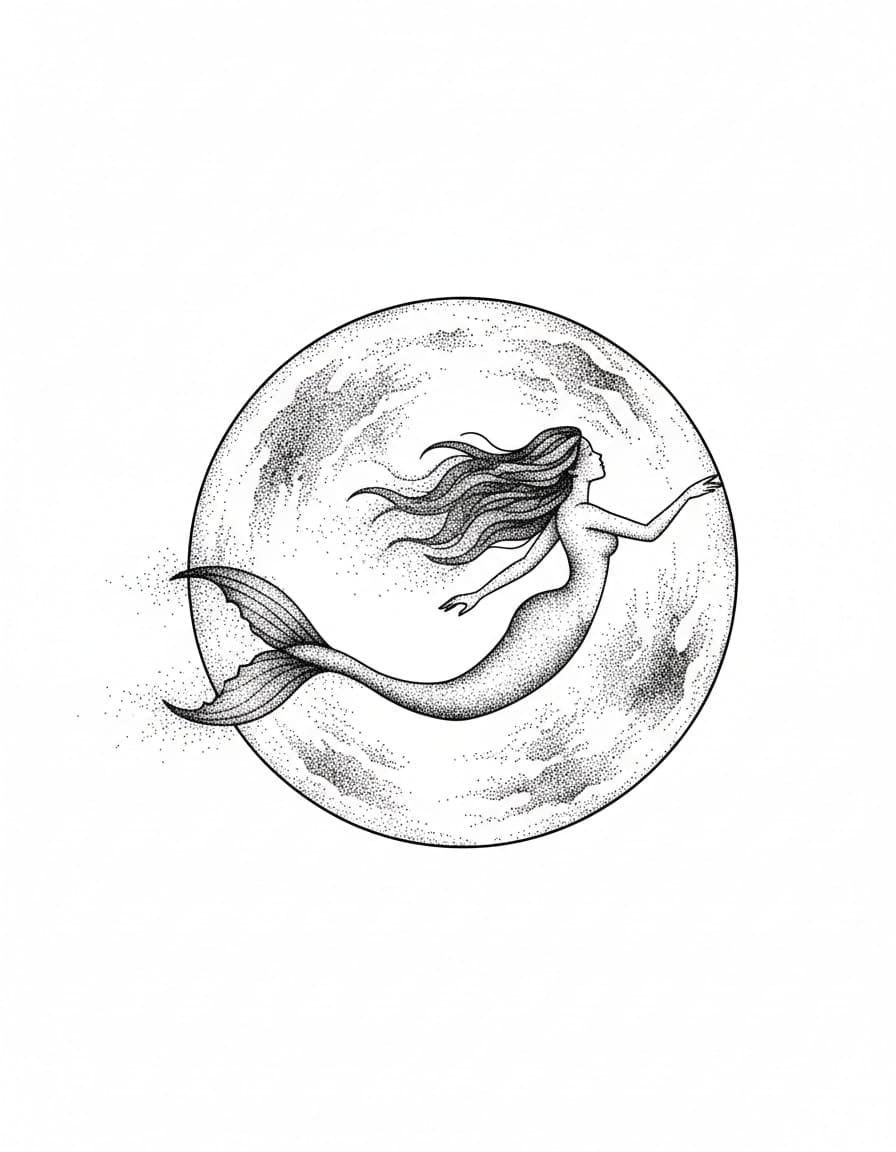 Dotwork Mermaid Moon Swim Temporary Tattoo — view 1