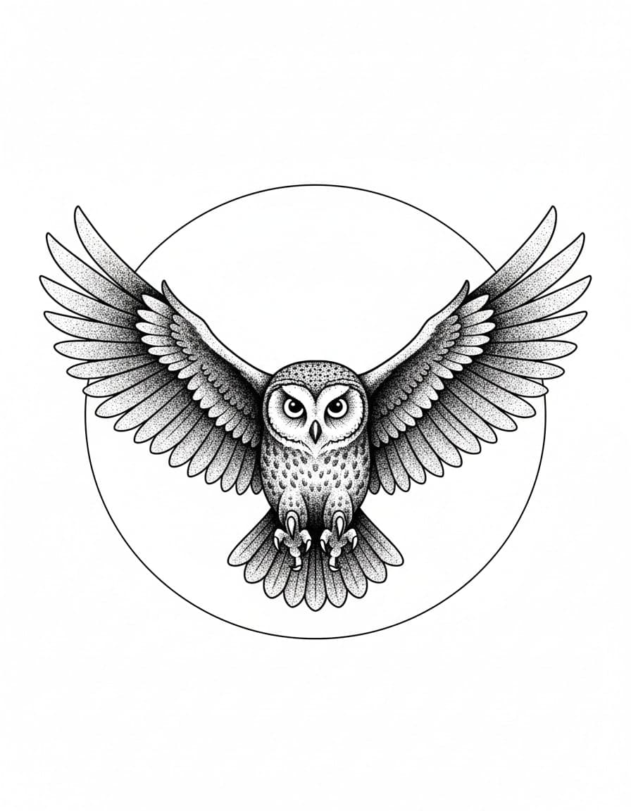 Dotwork Owl in Flight Temporary Tattoo — view 1