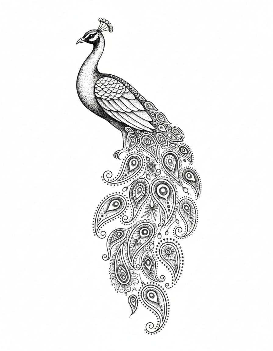 Dotwork Paisley Peacock Temporary Tattoo — view 1