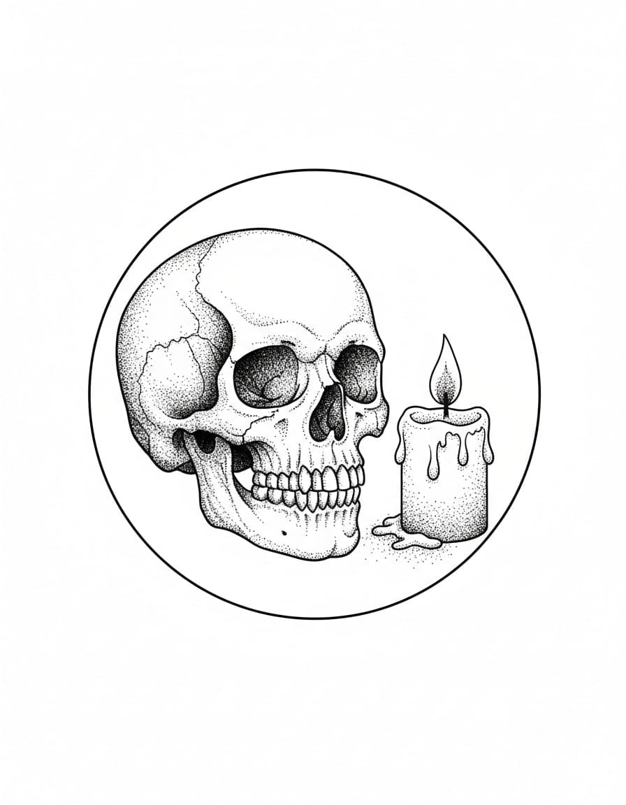 Dotwork Vanitas Skull and Candle Temporary Tattoo — view 1