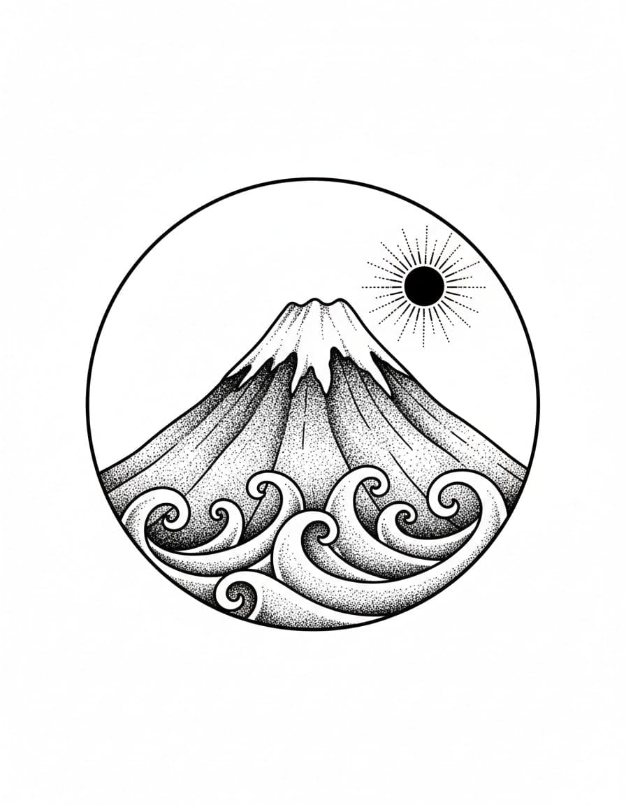 Dotwork Volcano and Waves Temporary Tattoo — view 1