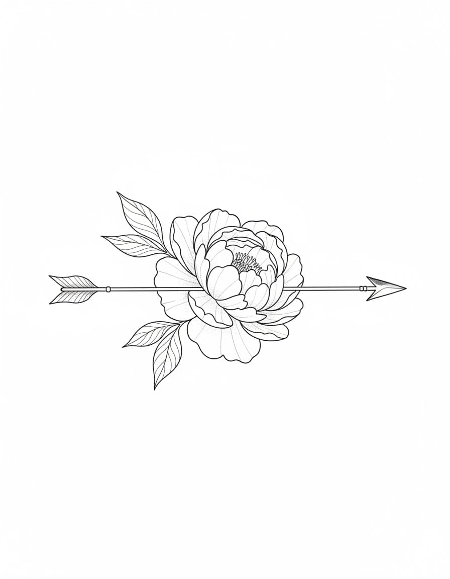 Fine Line Arrow Through Peony Temporary Tattoo — view 1