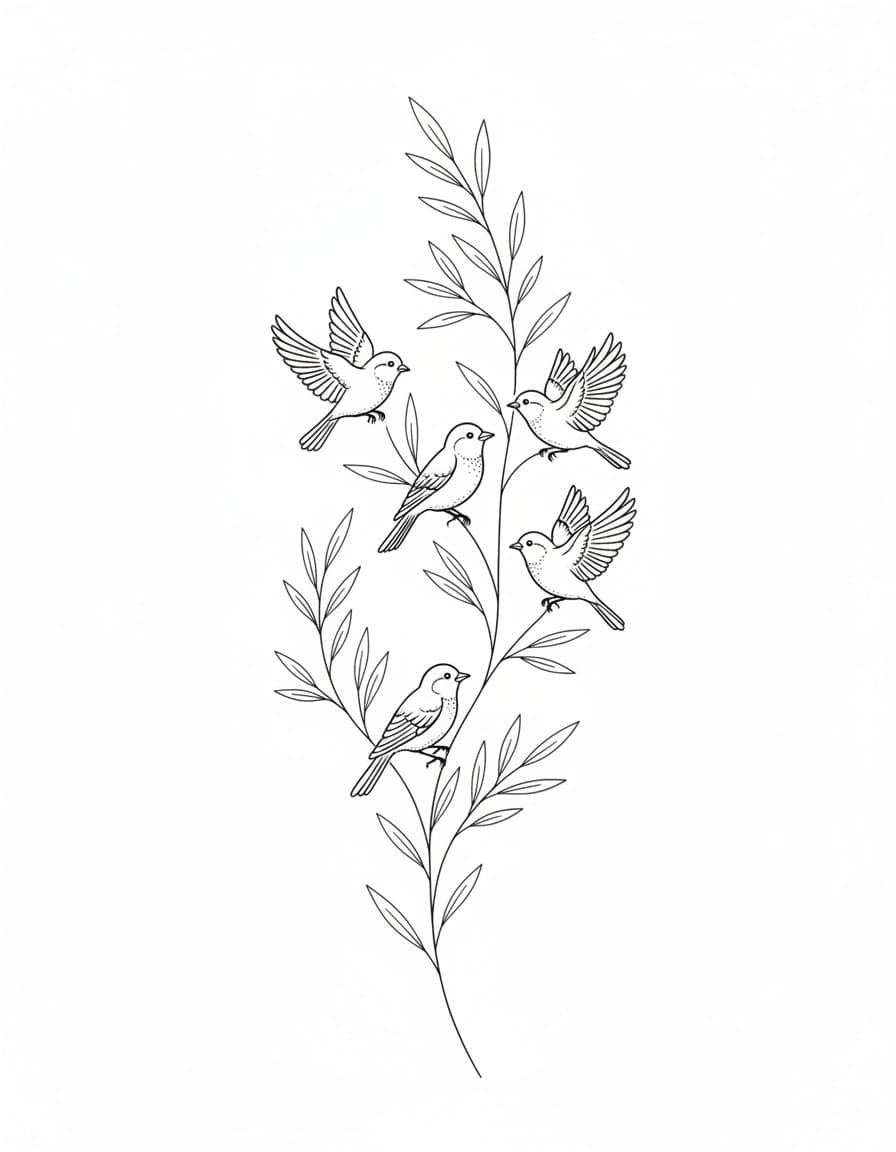 Fine Line Birds and Branches Sleeve Temporary Tattoo — view 1