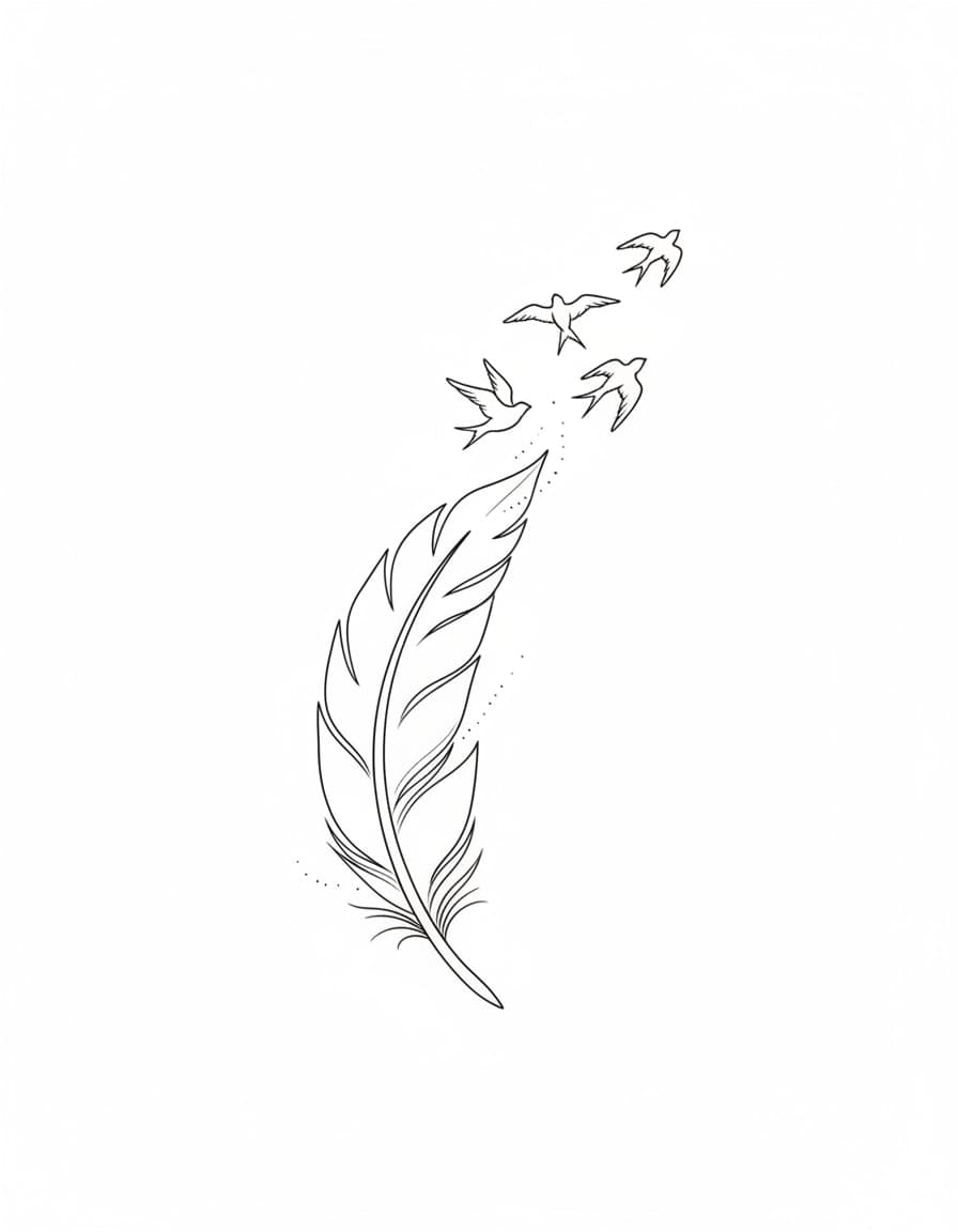 Fine Line Feather and Swallows Temporary Tattoo — view 1