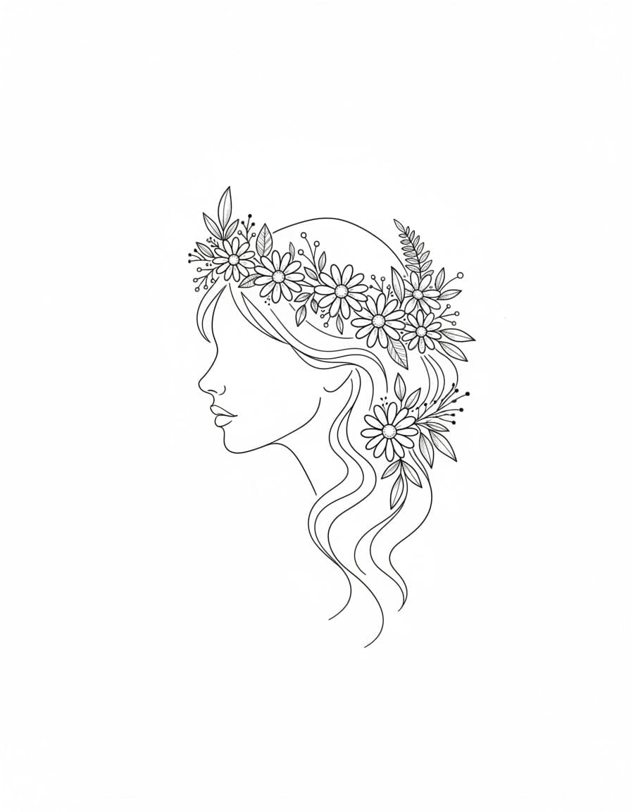 Fine Line Flower Crown Profile Temporary Tattoo — view 1