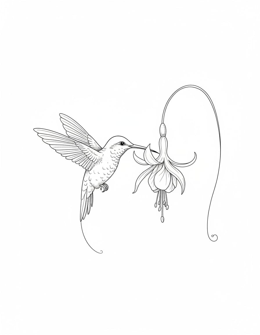 Fine Line Hummingbird and Fuchsia Temporary Tattoo — view 1