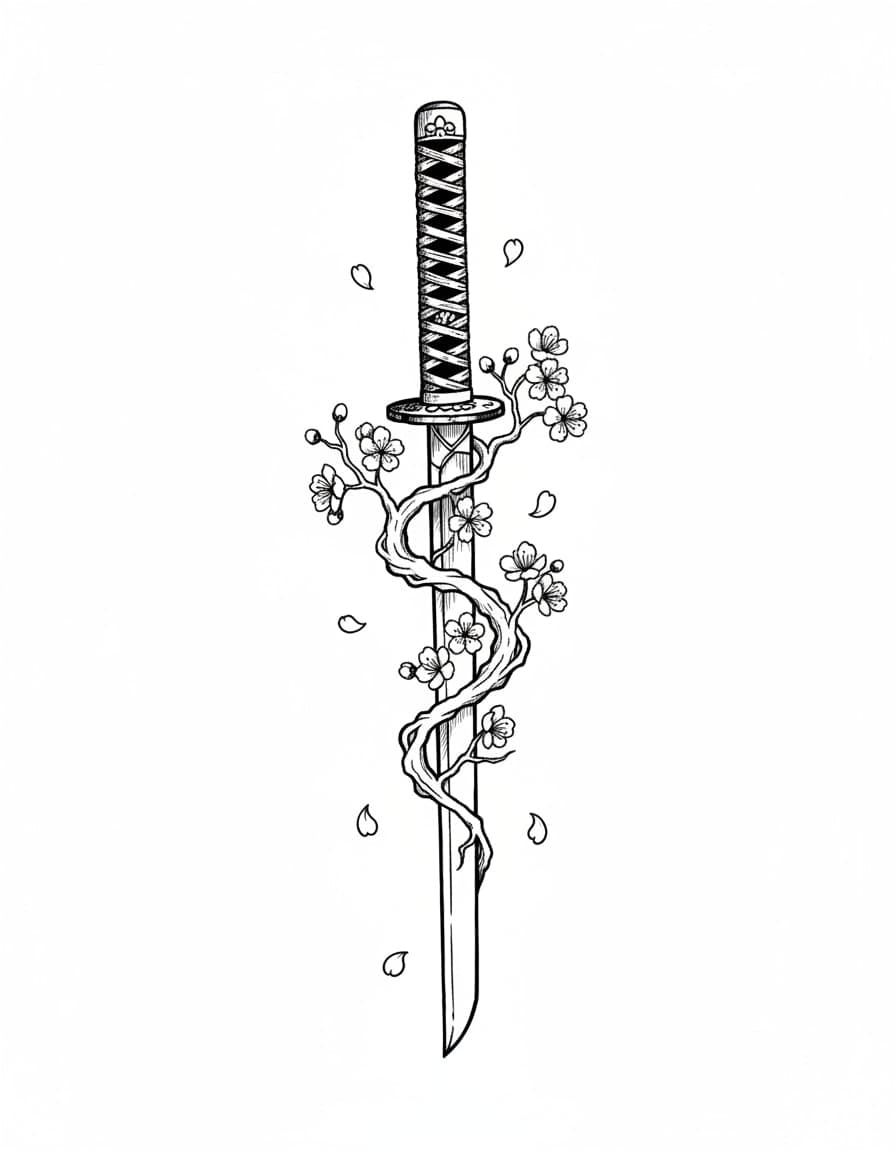 Illustrative Katana and Sakura Temporary Tattoo — view 1