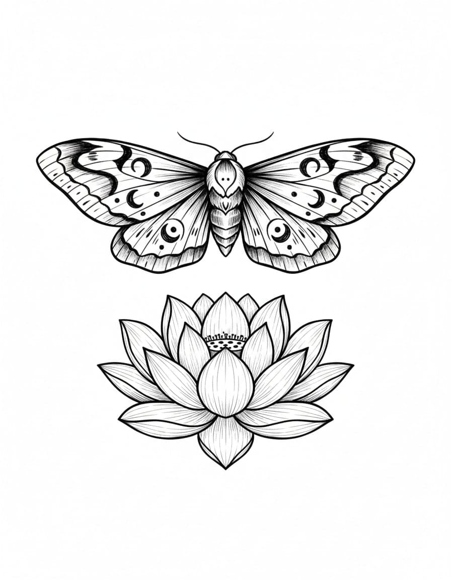 Illustrative Lotus and Moth Temporary Tattoo — view 1