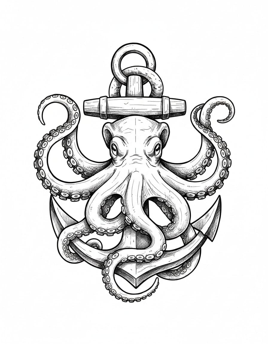 Illustrative Octopus and Anchor Temporary Tattoo — view 1