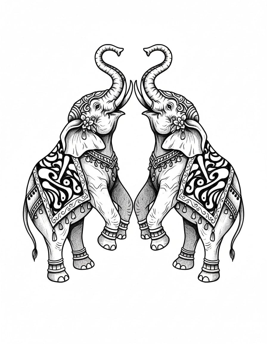 Illustrative Royal Elephant Pair Temporary Tattoo — view 1