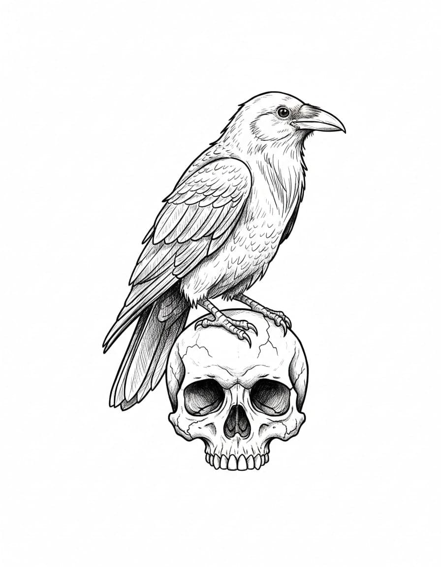 Illustrative Skull with Crow Temporary Tattoo — view 1