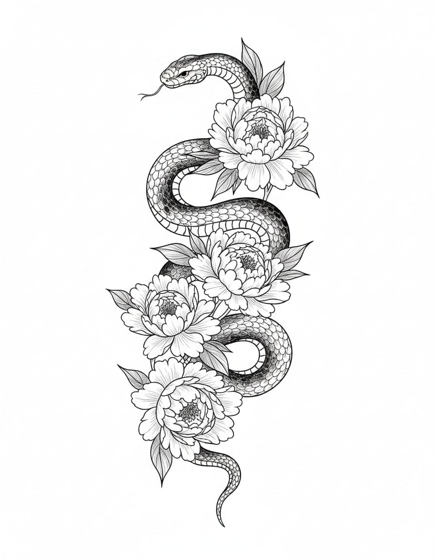 Illustrative Snake and Peonies Sleeve Temporary Tattoo — view 1
