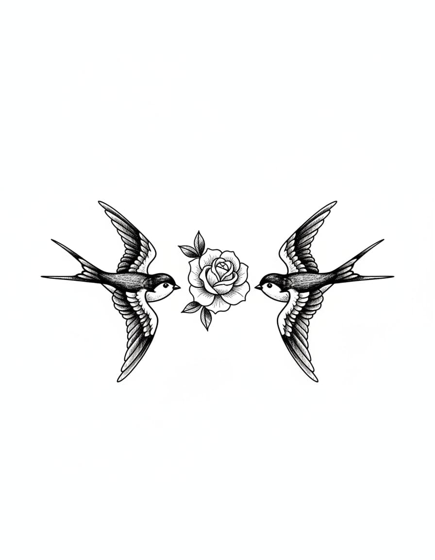 Illustrative Under-Bust Swallow Pair Temporary Tattoo — view 1