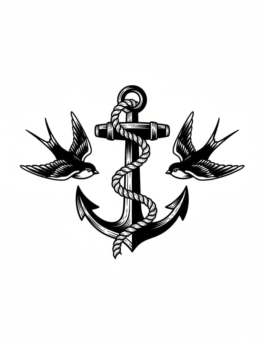 Blackwork Anchor with Rope and Swallows Temporary Tattoo — view 1