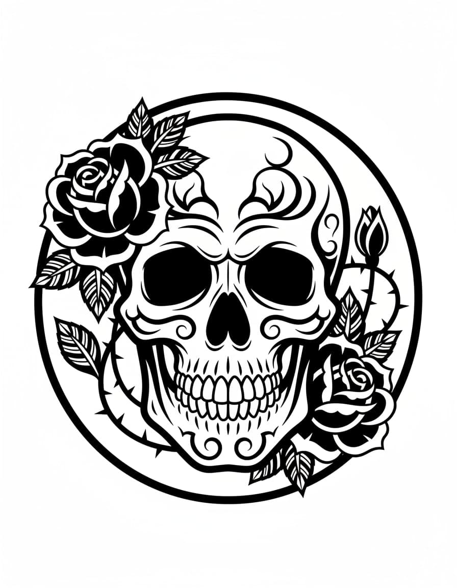 Blackwork Skull with Roses Temporary Tattoo — view 1
