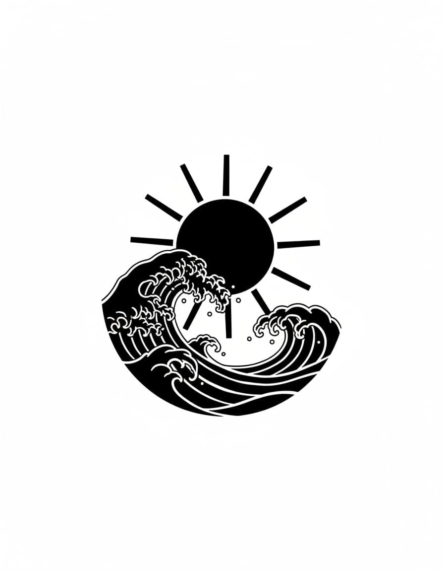 Blackwork Wave and Rising Sun Temporary Tattoo — view 1