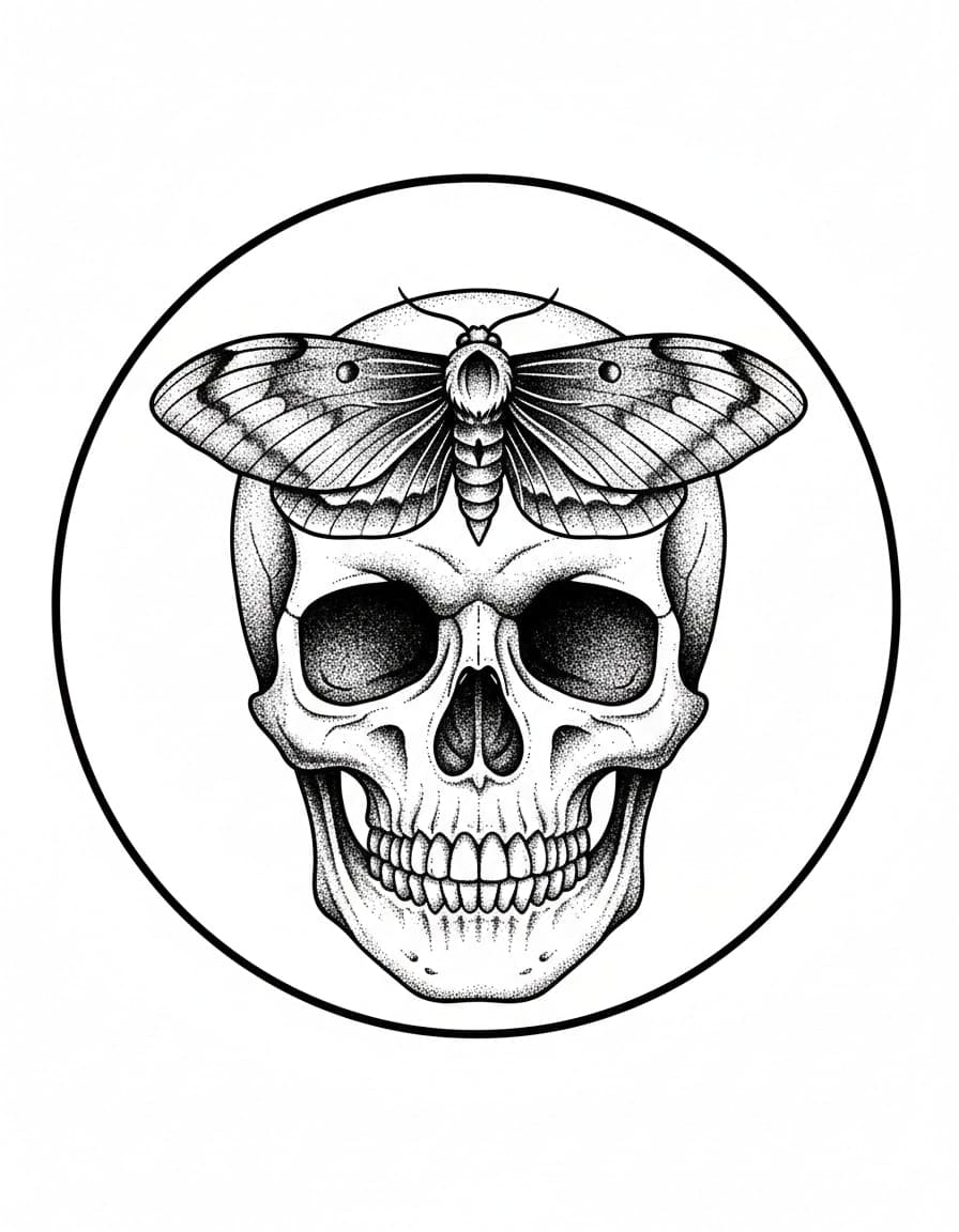 Dotwork Skull with Moth Temporary Tattoo — view 1