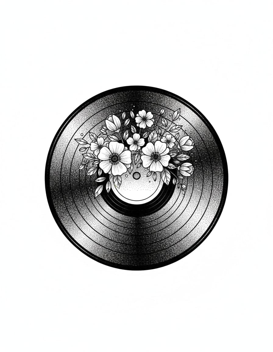 Dotwork Vinyl Record with Flowers Temporary Tattoo — view 1