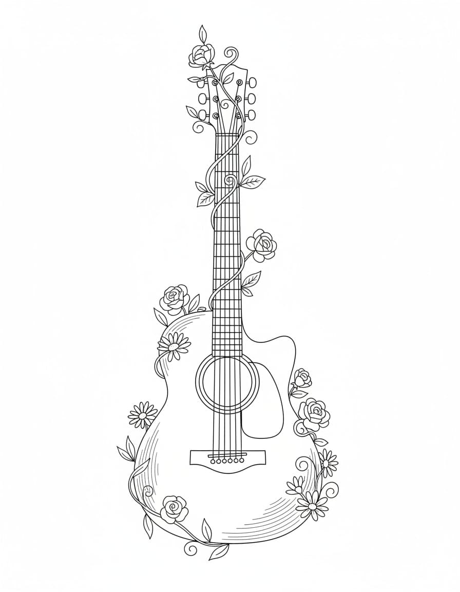 Fine Line Guitar with Flowers Temporary Tattoo — view 1