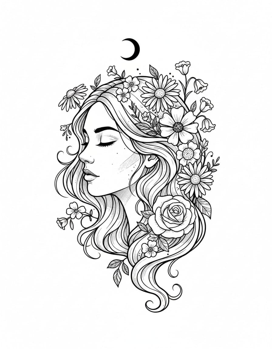 Illustrative Boho Woman with Wildflowers Temporary Tattoo — view 1