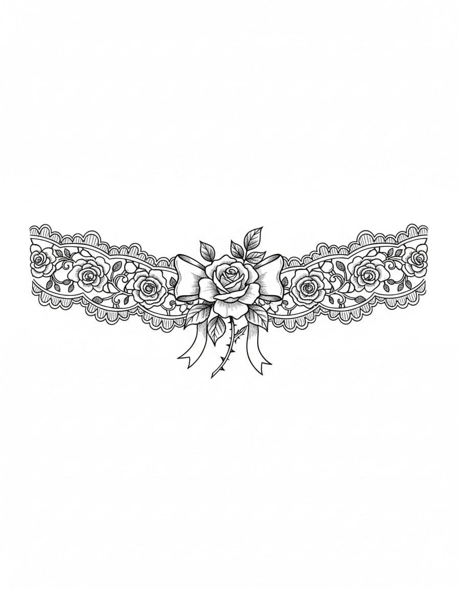 Illustrative Lace Garter with Rose Temporary Tattoo — view 1