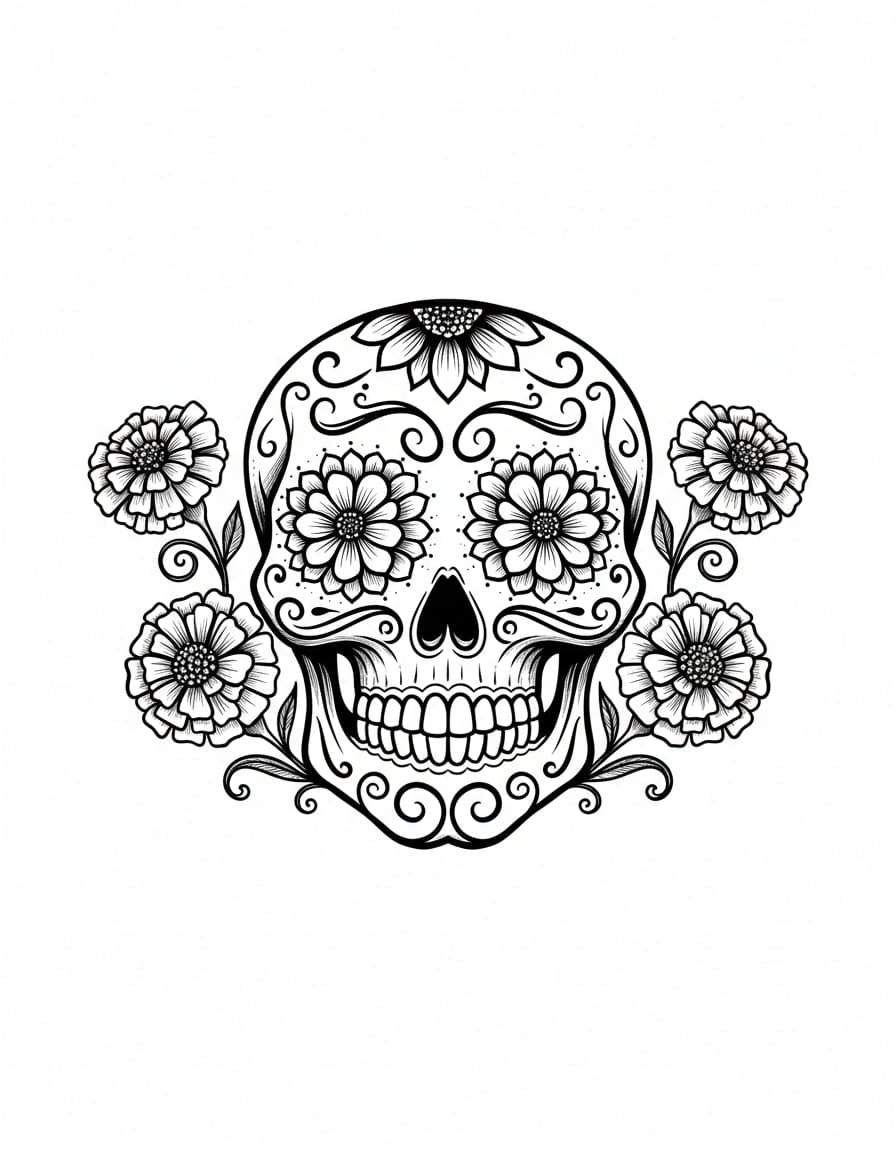Illustrative Sugar Skull with Marigolds Temporary Tattoo — view 1