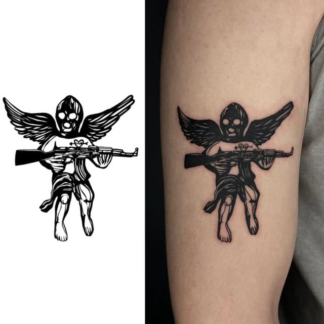 Cherub with rifle — view 1