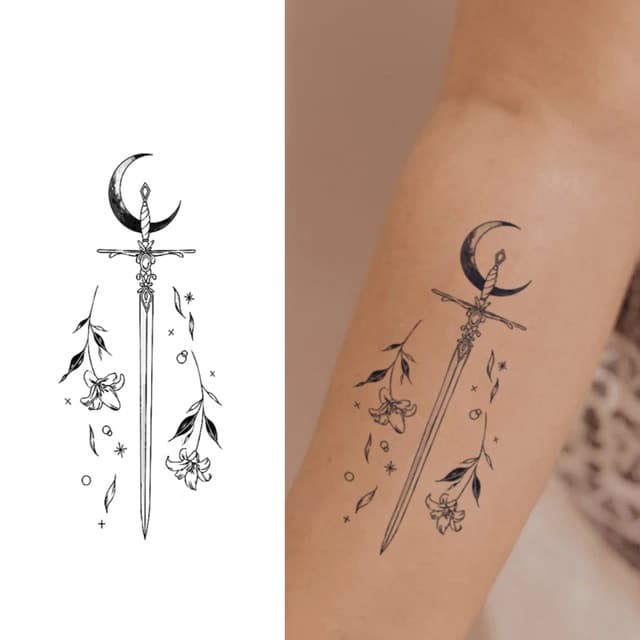 Moonlit sword and lilies — view 1