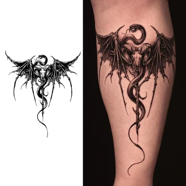 Winged ram skull and serpent — view 1
