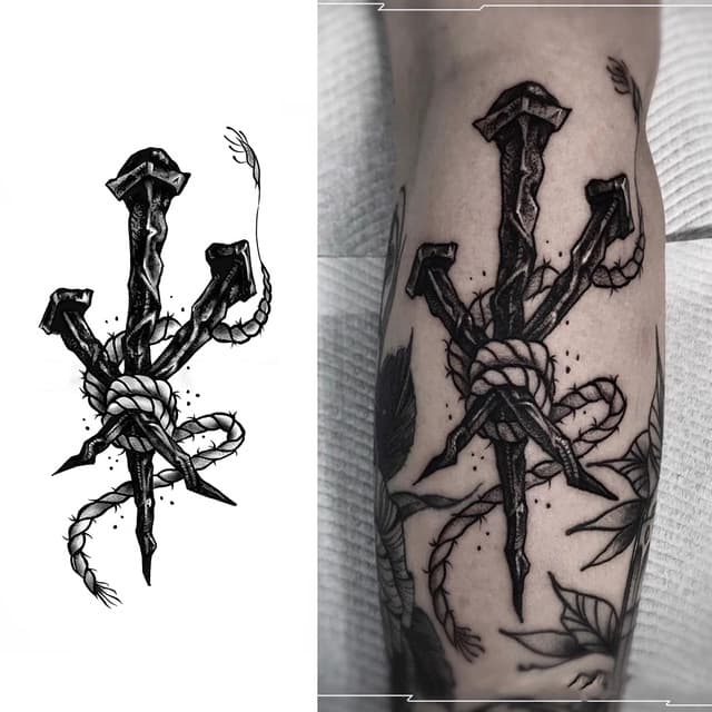 Three nails and rope — view 1