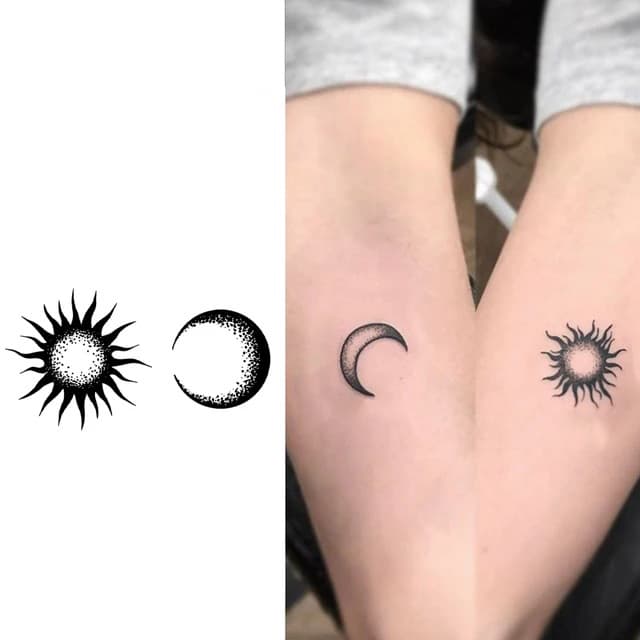 Sun and crescent moon dotwork pair — view 1
