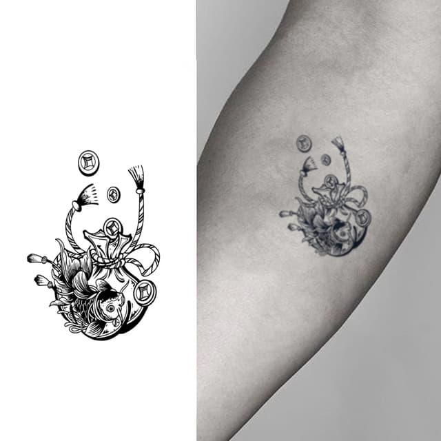Koi fish with lotus and coins