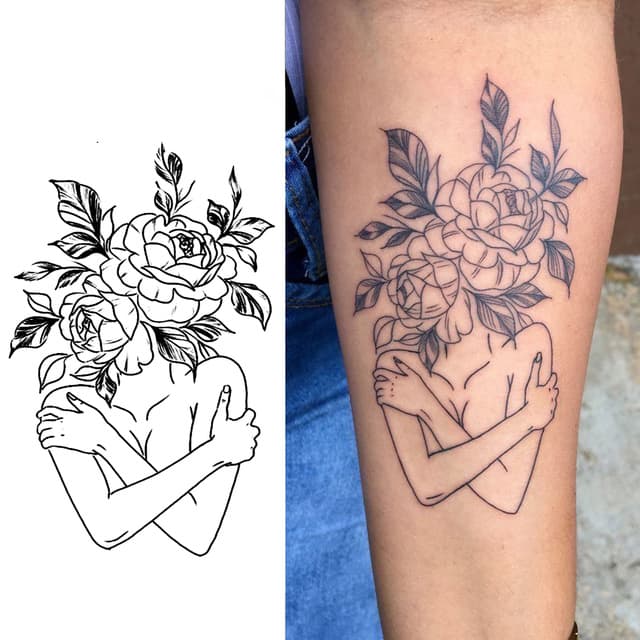 Self-embracing figure crowned with peonies — view 1