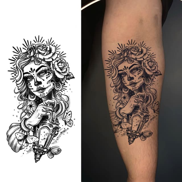 Catrina with roses and lantern — view 1