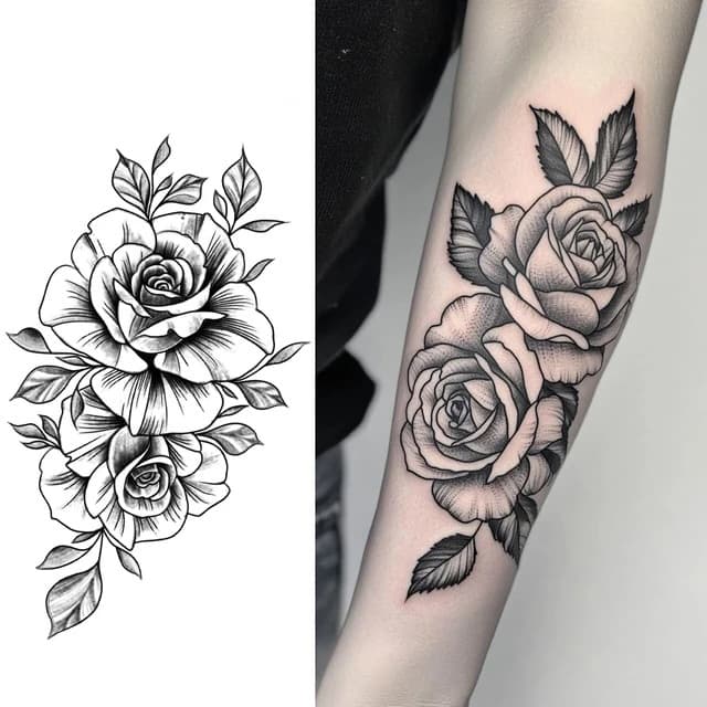 Twin roses with shaded leaves — view 1