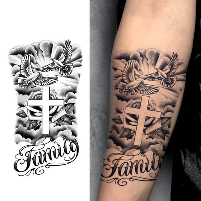 Family — doves, cross and clouds — view 1