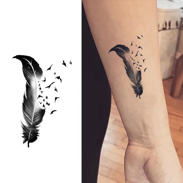 Feather dissolving into a flock of birds — view 1